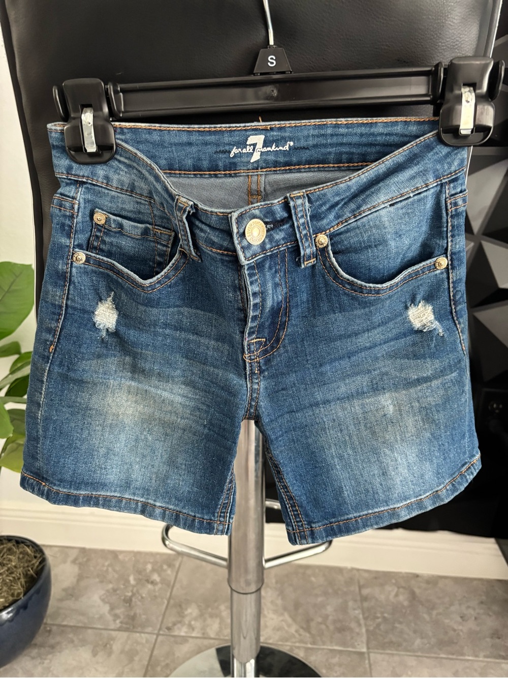 7 For All Mankind Distressed Medium Blue Denim Shorts